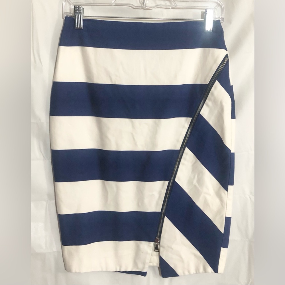 Express Midi Skirt Sz 4 Wide Stripe Stretch Asymmetrical Zip Slit Lined 90s Y2K